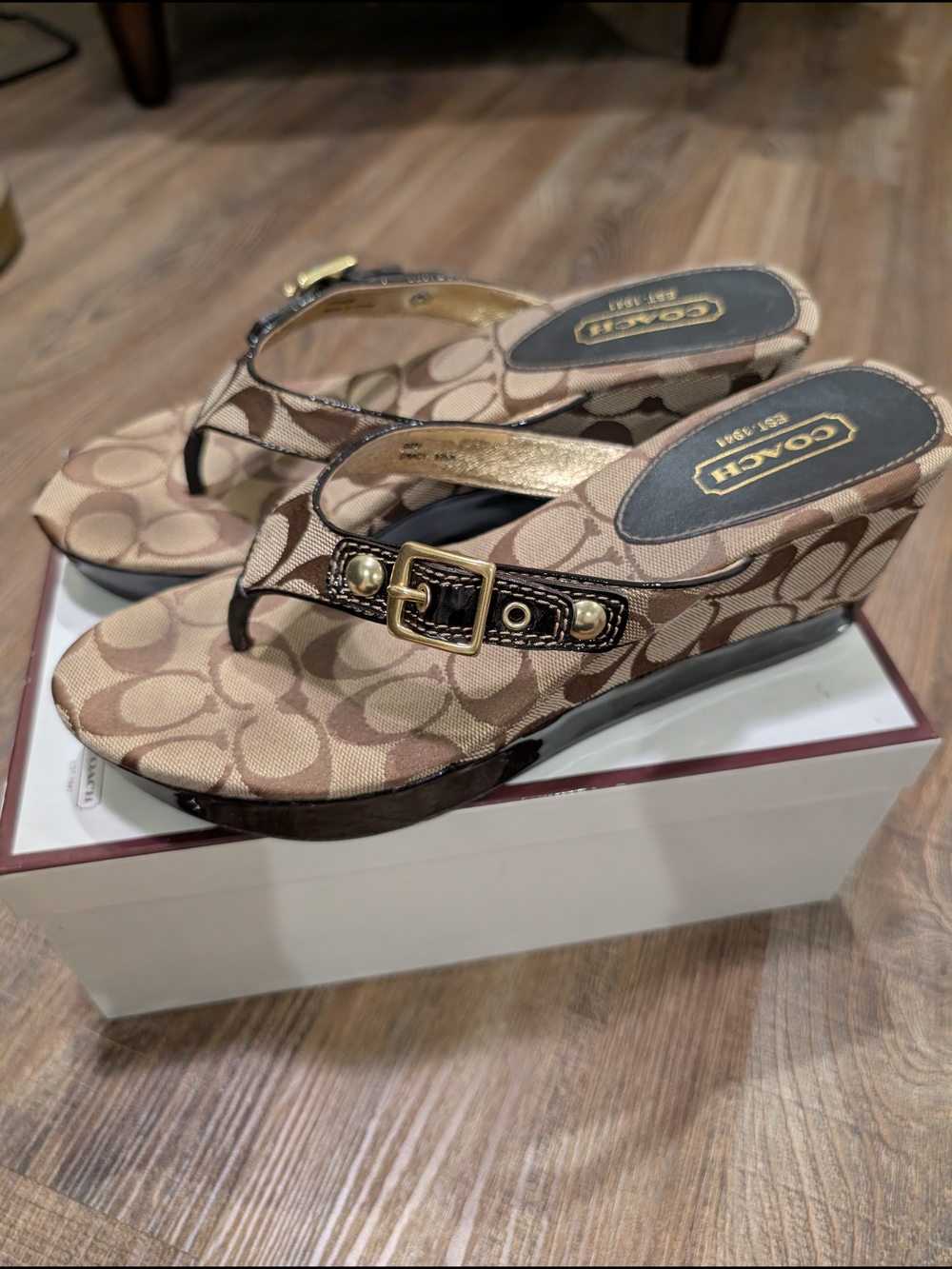 COACH Tan Signature Wedge Sandals with Gold Buckle 9.5